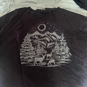 American Eagle Outfitters Black Long Sleeve Tee with Mountain & Deer Graphic